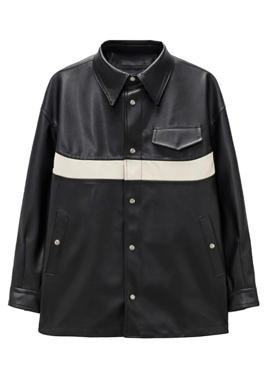 Men’s Shirt Style Black Leather Jacket with White Stripes – Bold & Stylish