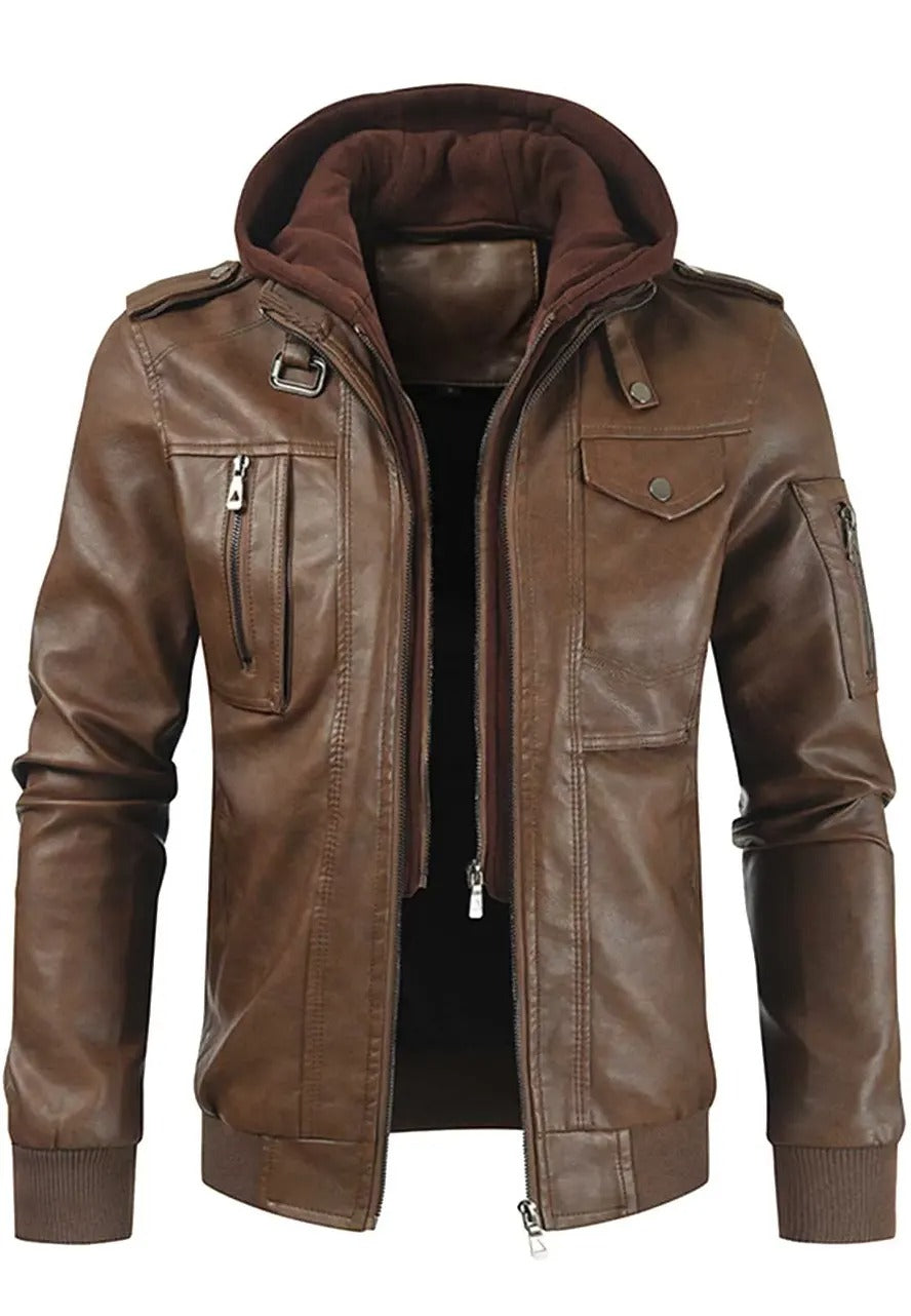 Men’s Slim Fit Brown Leather Bomber Jacket with Removable Hood