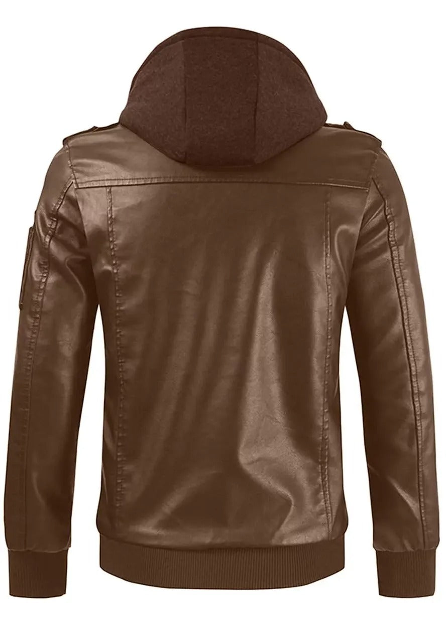 Men’s Slim Fit Brown Leather Bomber Jacket with Removable Hood