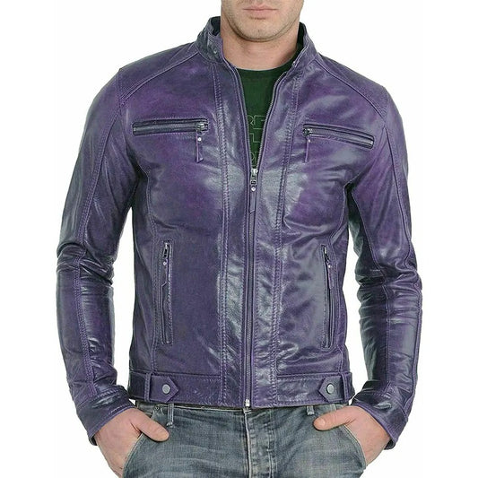 Men’s Slim Fit Cafe Racer Purple Leather Jacket