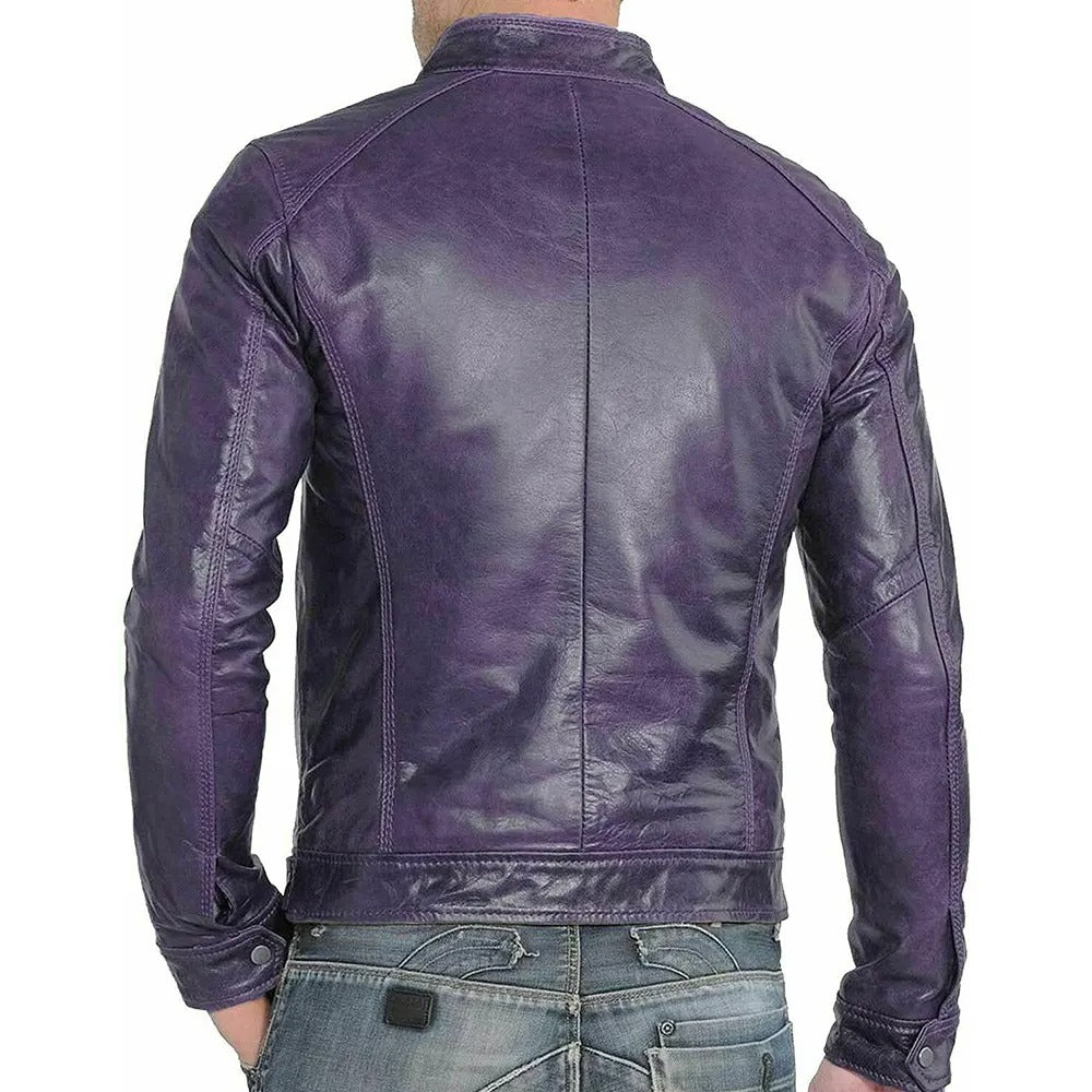 Men’s Slim Fit Cafe Racer Purple Leather Jacket