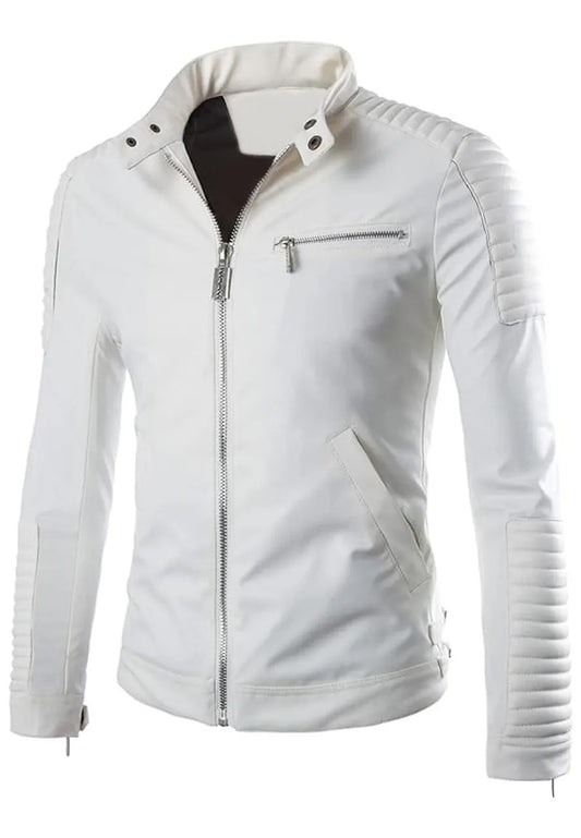 Men’s Slim Fit Zip-Up White Leather Biker Jacket