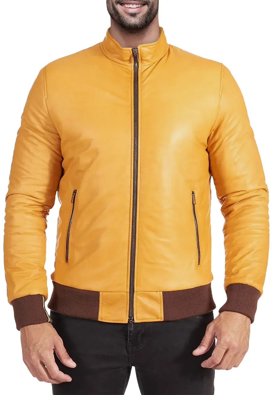 Men’s Soft Yellow Leather Bomber Jacket – Stylish & Comfortable