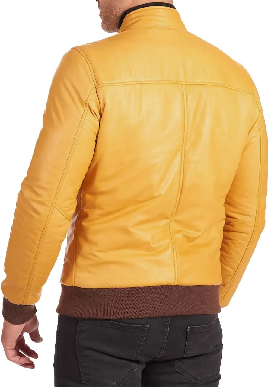 Men’s Soft Yellow Leather Bomber Jacket – Stylish & Comfortable