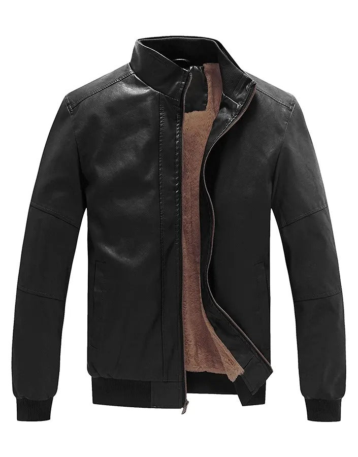 Men’s Stand Collar Black Leather Bomber Jacket with Fleece Lining