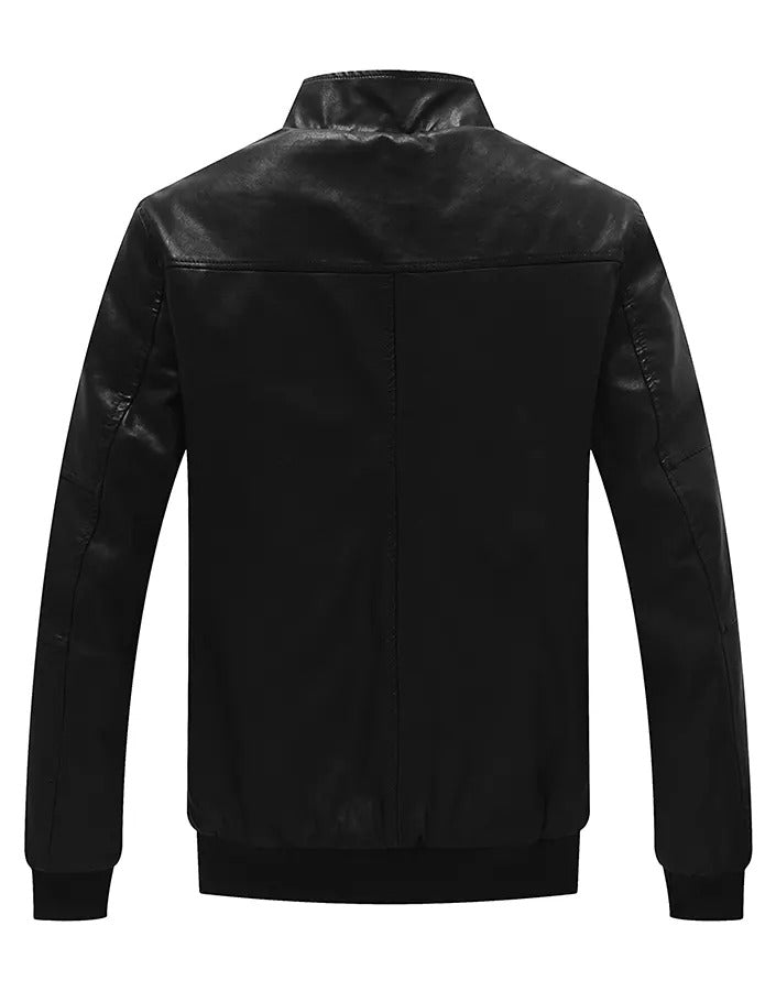 Men’s Stand Collar Black Leather Bomber Jacket with Fleece Lining