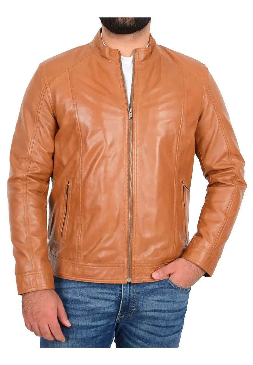 Men’s Tan Leather Casual Zip Jacket – Sleek & Versatile