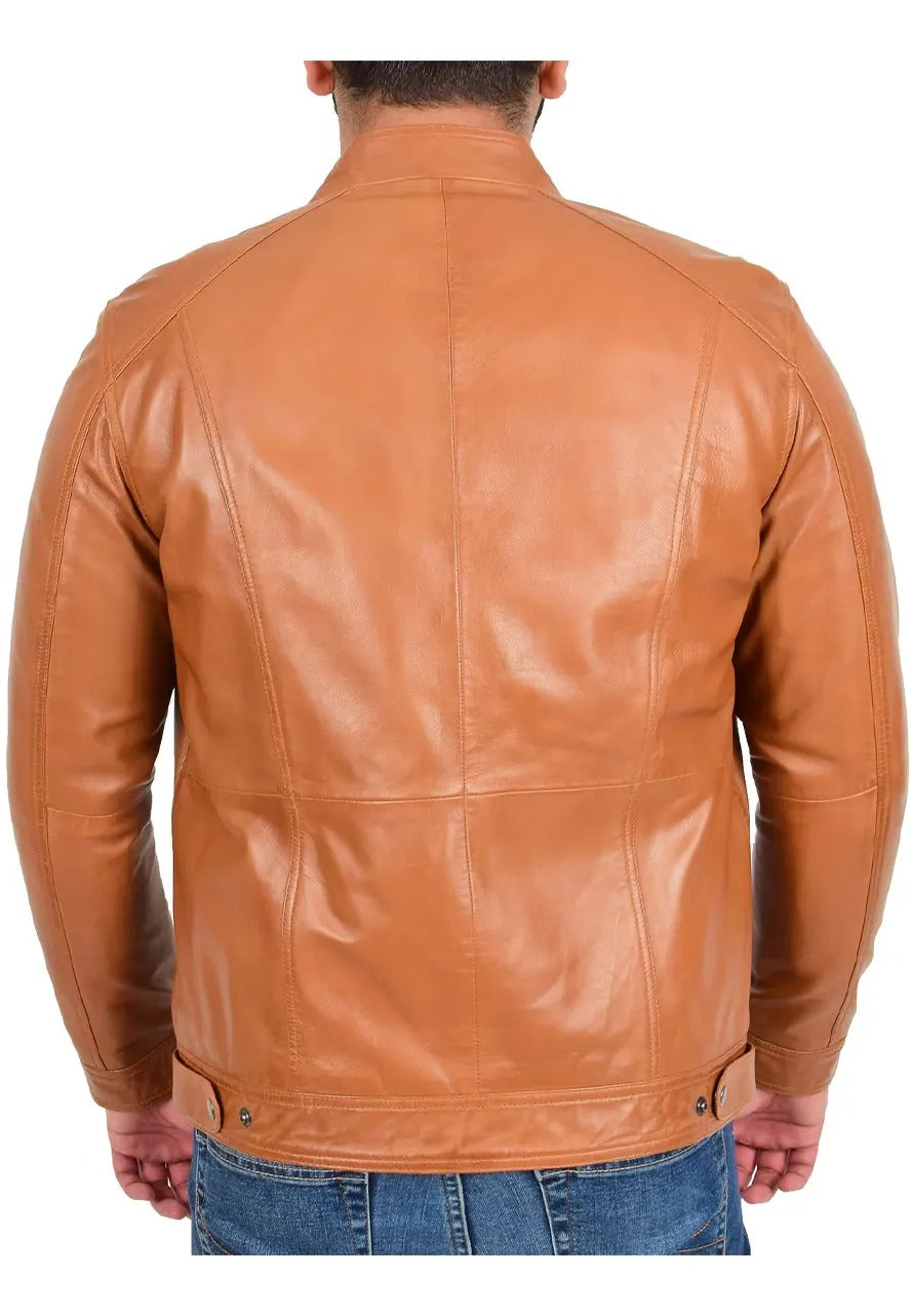 Men’s Tan Leather Casual Zip Jacket – Sleek & Versatile