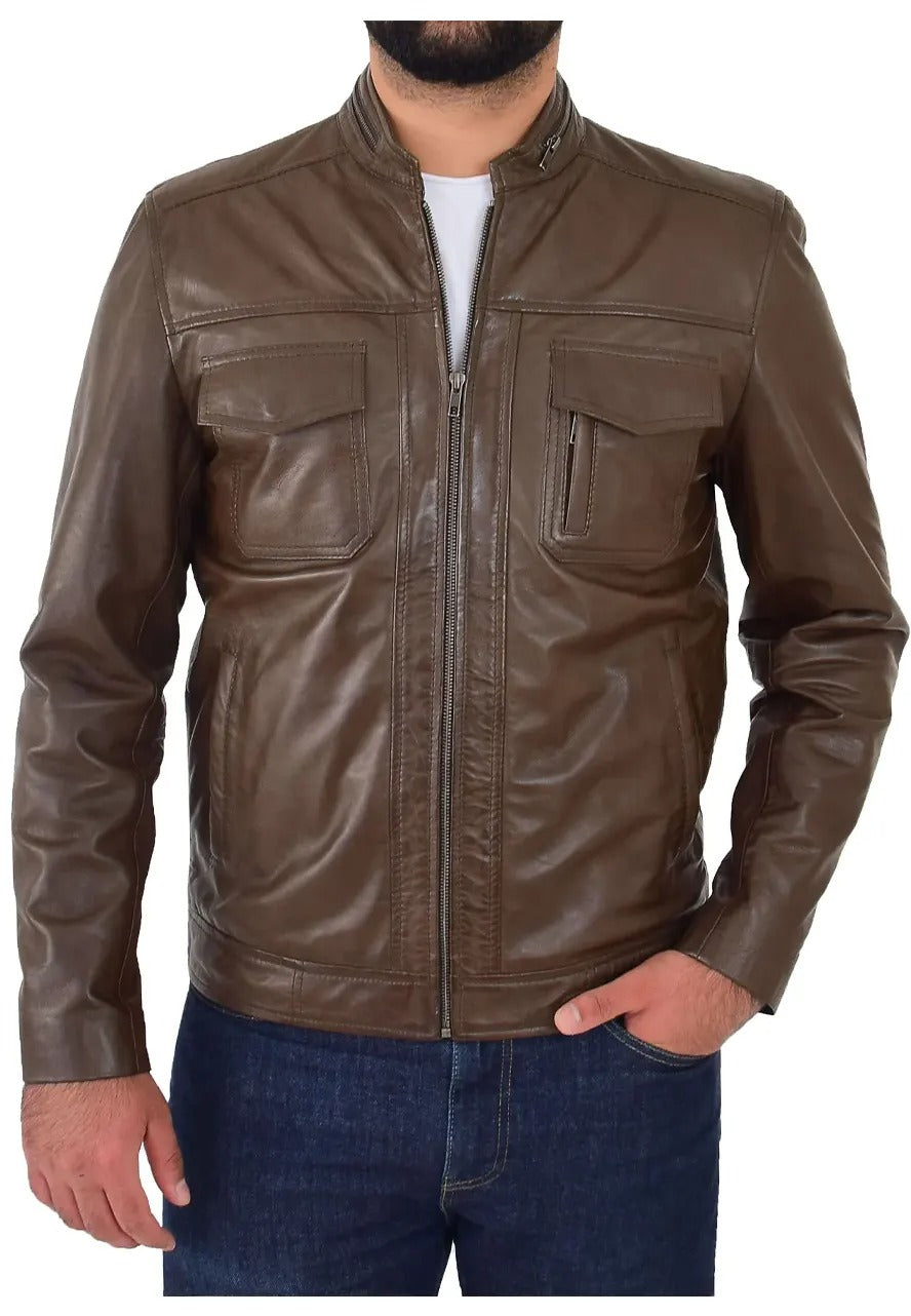 Men’s Timber Brown Leather Biker Jacket – Classic & Rugged