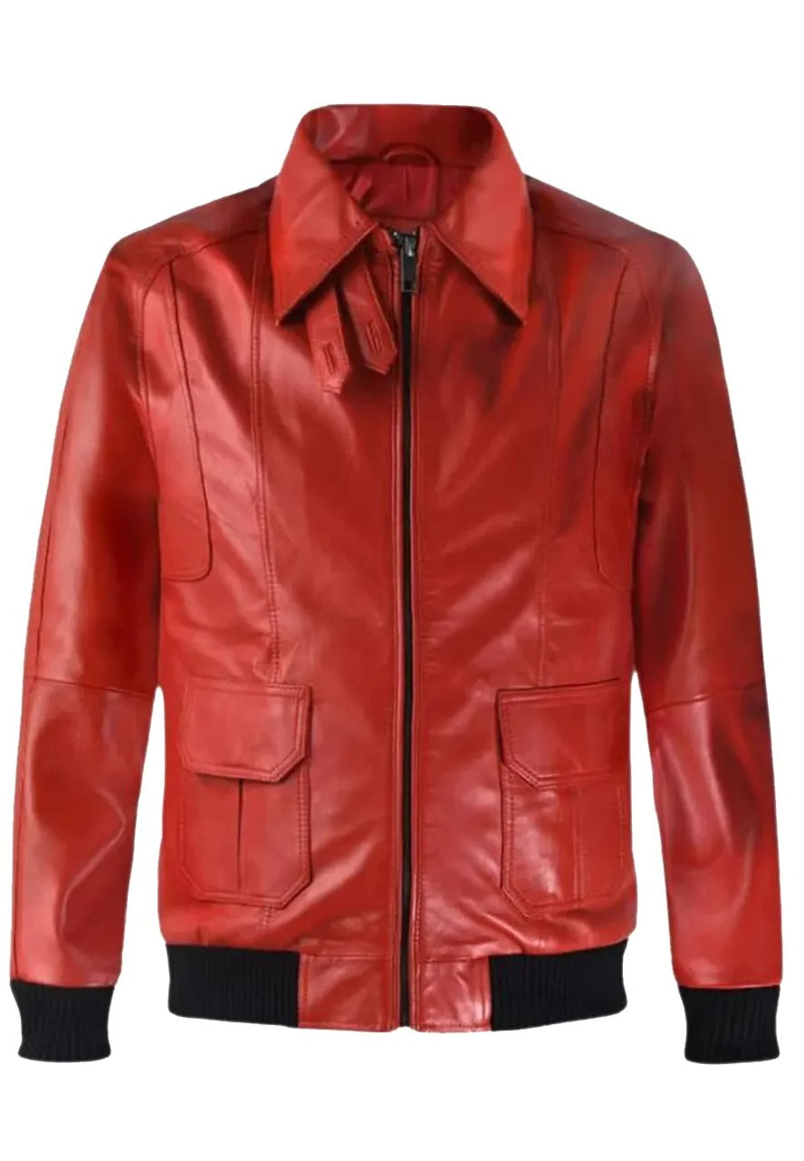 Men’s Vintage Red Leather Bomber Jacket – Classic & Timeless