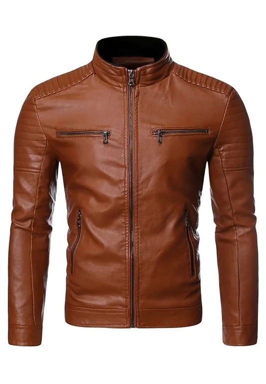 Men’s Vintage Stand Collar Brown Leather Biker Jacket