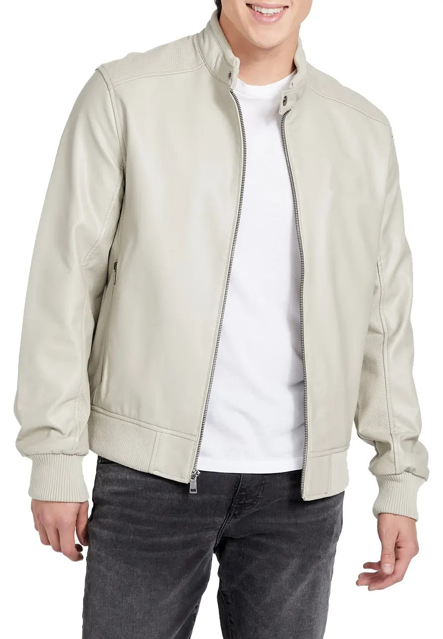 Men’s Vintage White Farron Leather Bomber Jacket – Classic & Bold