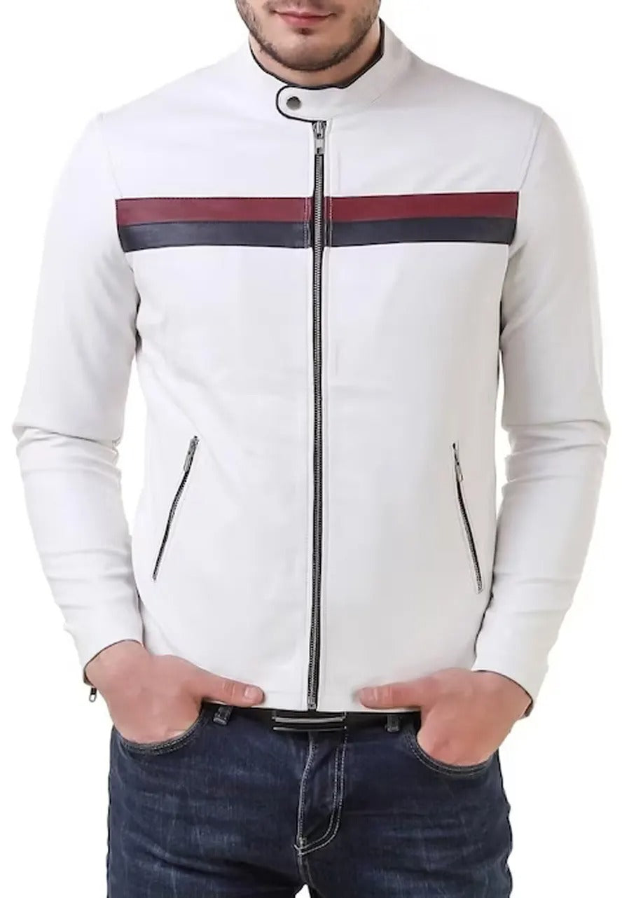 Men’s White Leather Biker Jacket with Red and Black Stripes