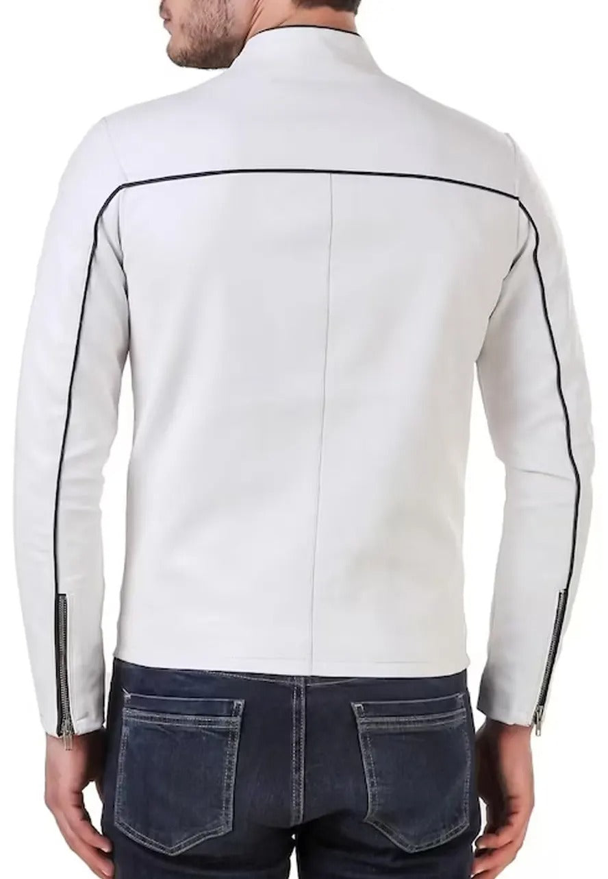 Men’s White Leather Biker Jacket with Red and Black Stripes