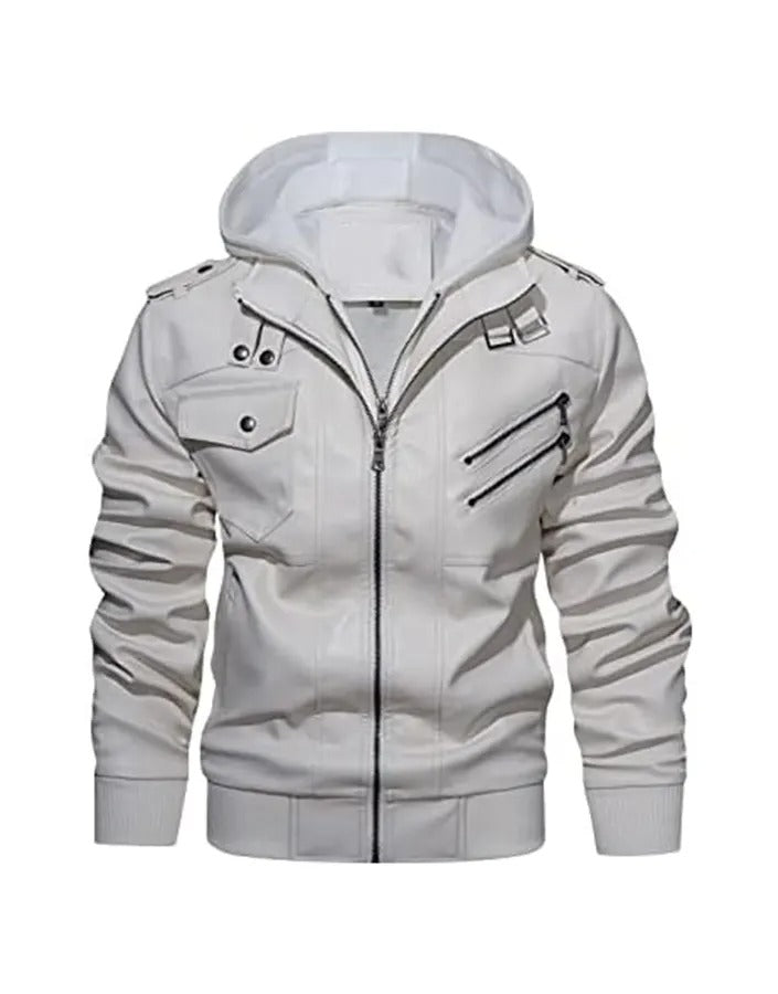 Men’s White Leather Jacket with Removable Hood