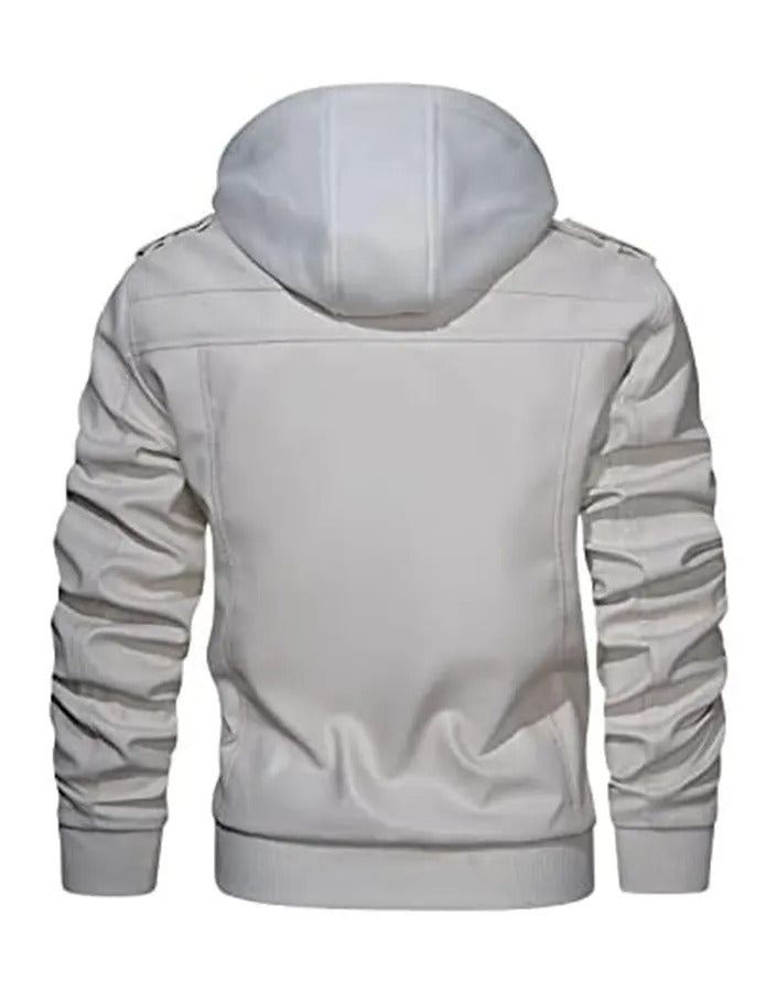 Men’s White Leather Jacket with Removable Hood