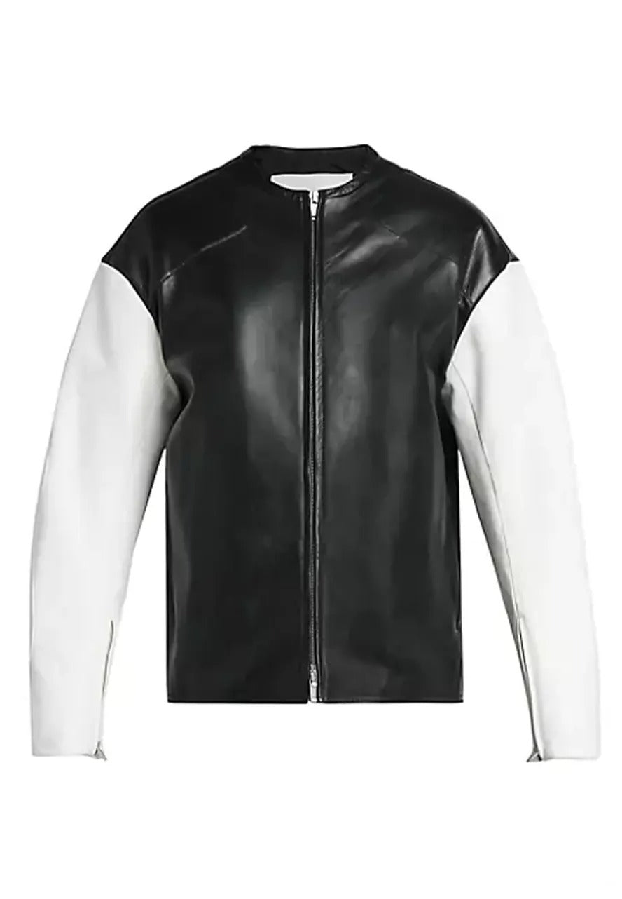 Men’s Black Leather Jacket with White Sleeves – Stylish & Trendy