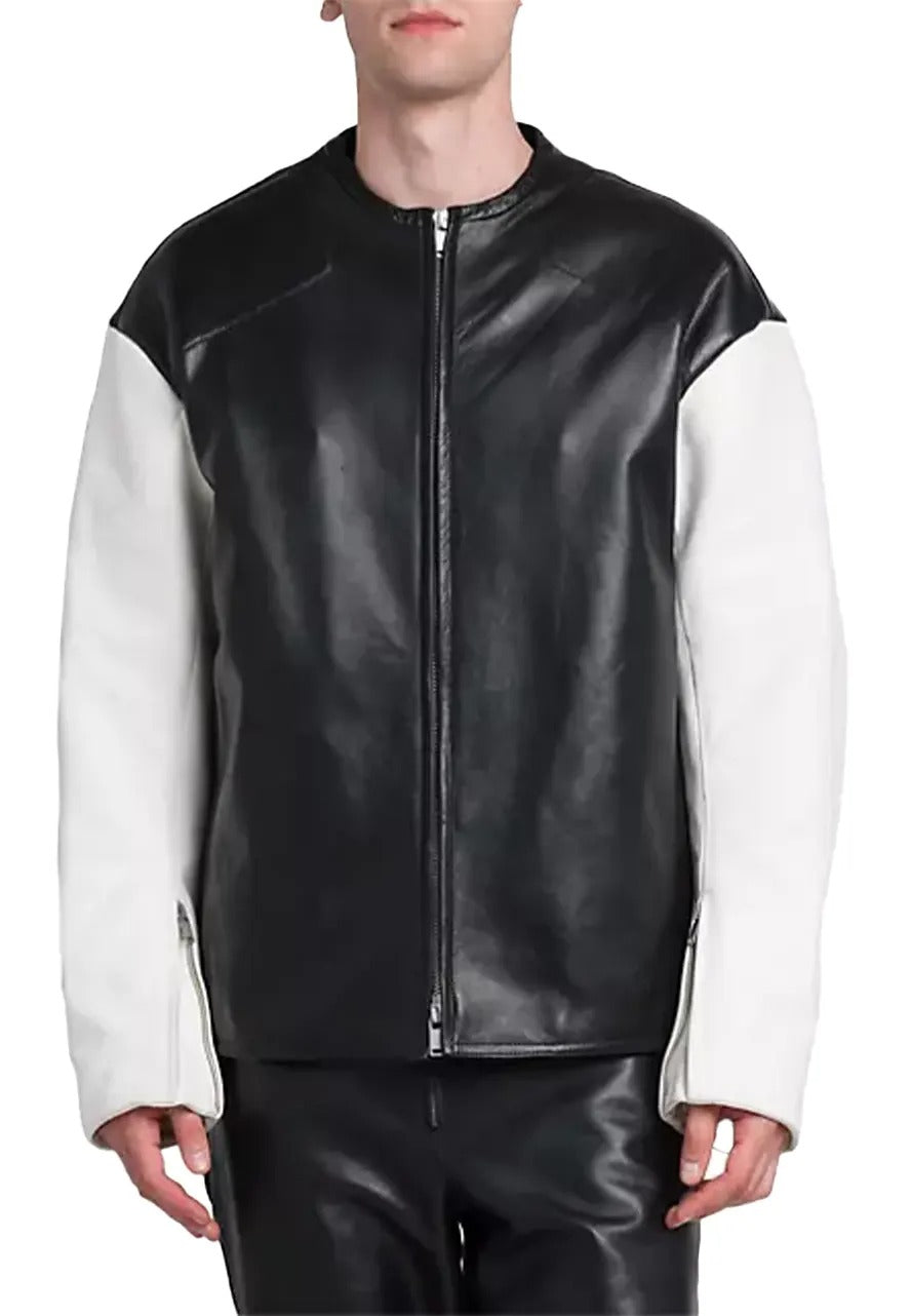 Men’s Black Leather Jacket with White Sleeves – Stylish & Trendy