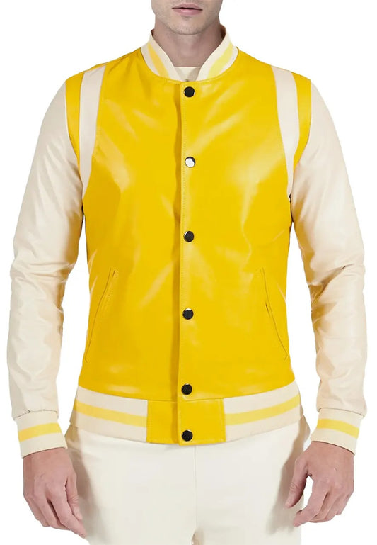 Men’s Yellow and Beige Leather Varsity Bomber Jacket – Bold & Sporty