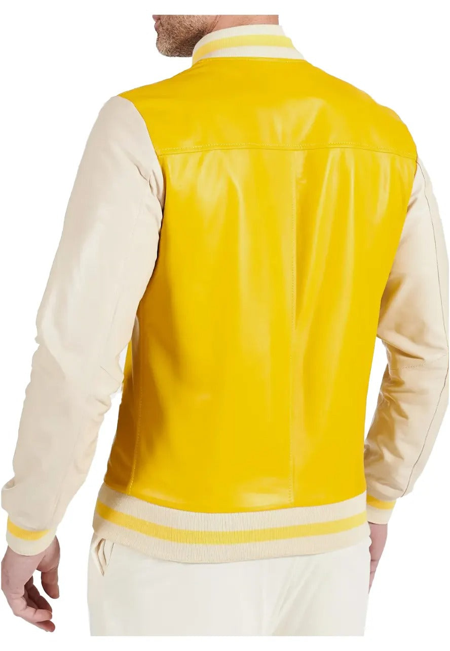 Men’s Yellow and Beige Leather Varsity Bomber Jacket – Bold & Sporty