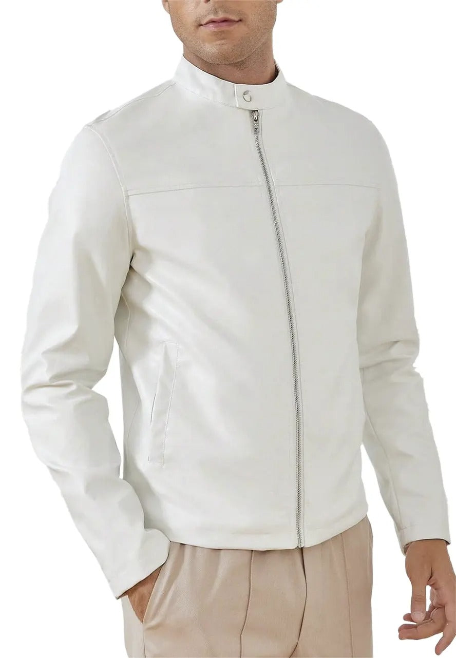 Men’s White Zip-Up Leather Jacket