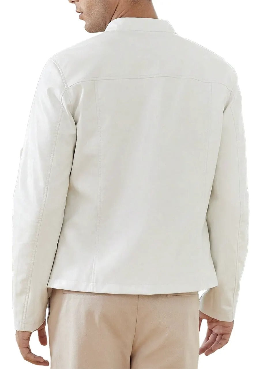 Men’s White Zip-Up Leather Jacket