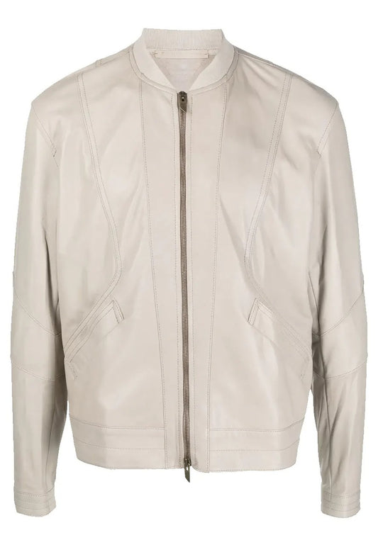 Men’s Light Grey Leather Jacket – Zip-Up, Sleek & Modern