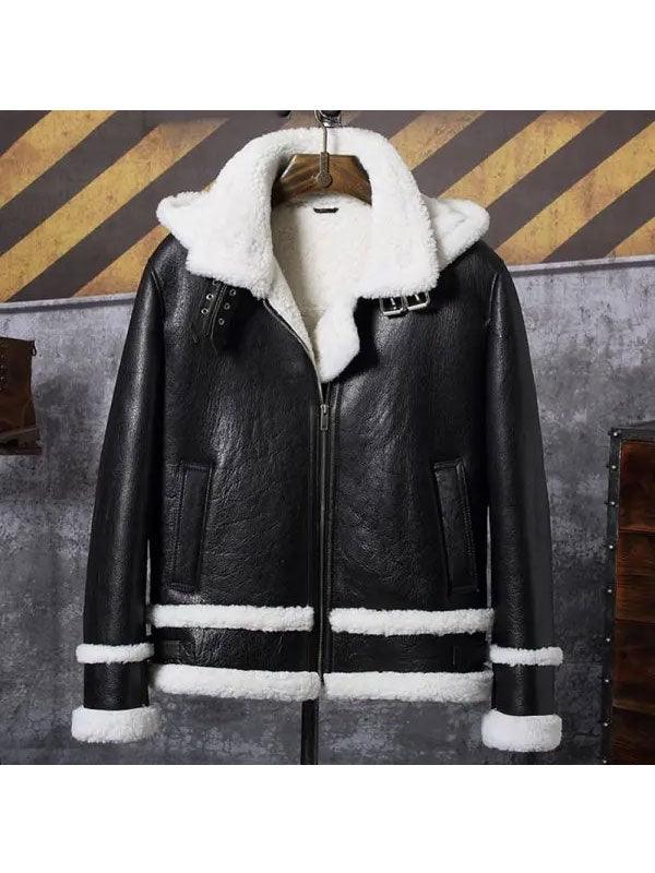 Men's Hooded Sheepskin Shearling Leather Jacket - Short Bomber Coat