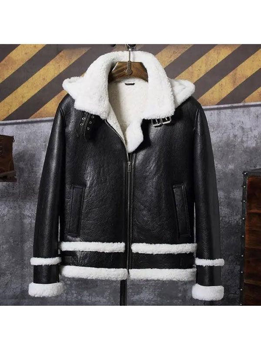 Men's Hooded Sheepskin Shearling Leather Jacket - Short Bomber Coat