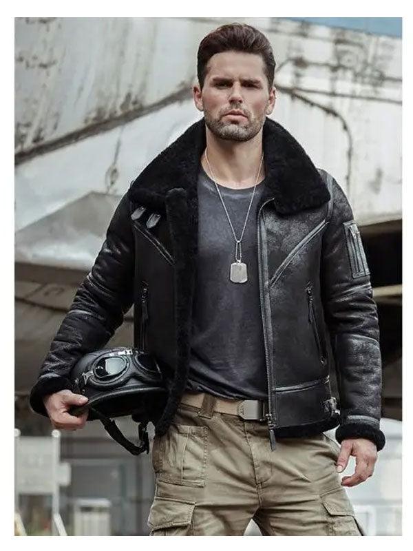 Men's Aviator Fur-Lined Leather Bomber Jacket - Winter Coat