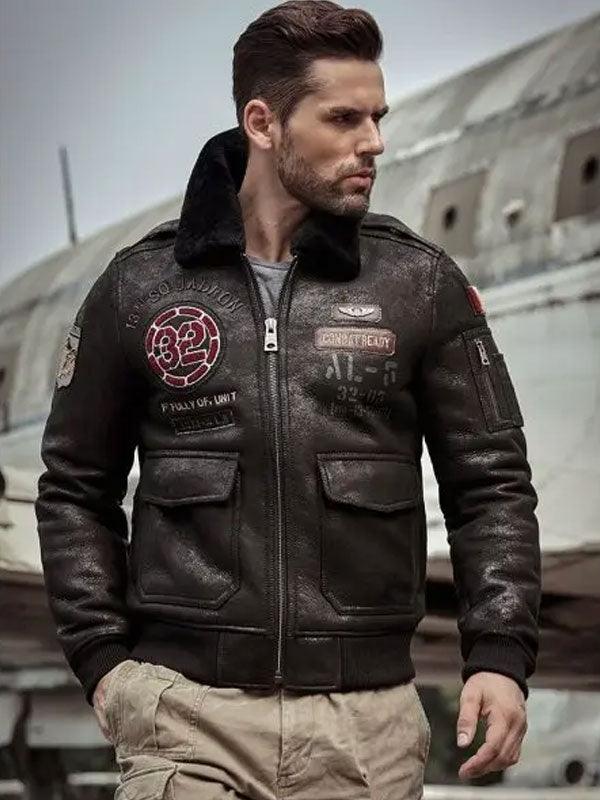 Men's Airforce Flight Embroidered Shearling Jacket - Classic Coat