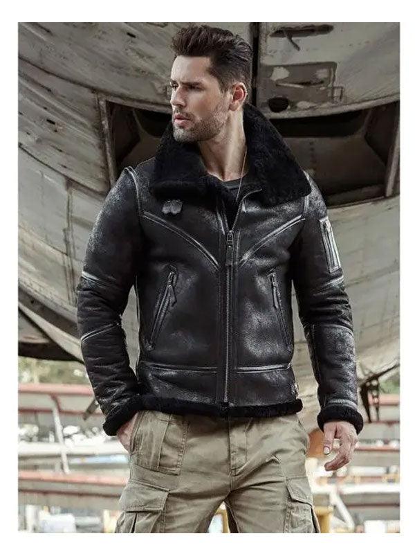 Men's Aviator Fur-Lined Leather Bomber Jacket - Winter Coat