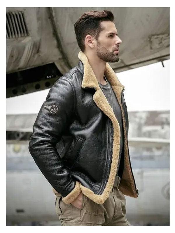 Men's Shearling Sheepskin Leather Bomber Jacket - Motorcycle Style