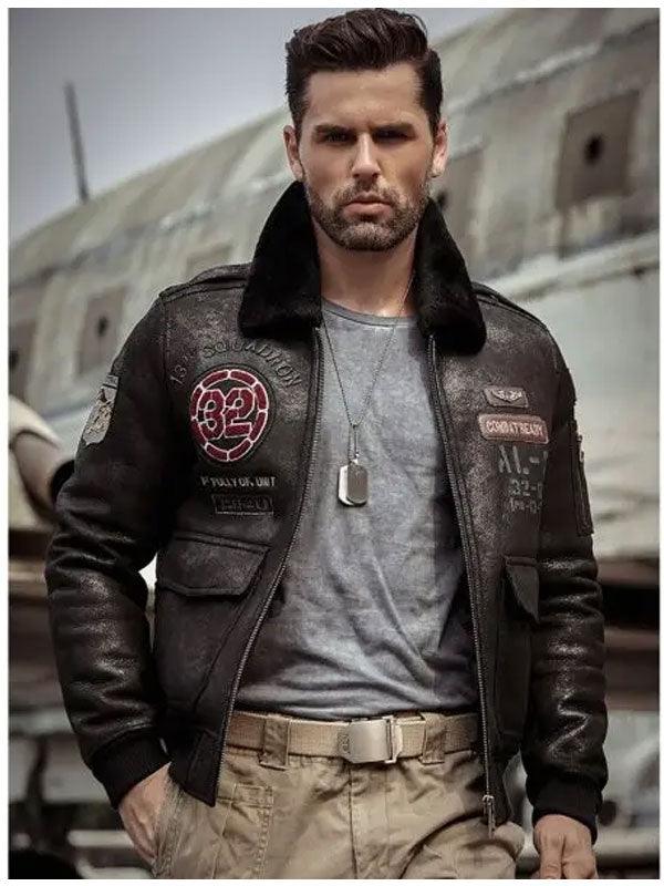 Men's Airforce Flight Embroidered Shearling Jacket - Classic Coat