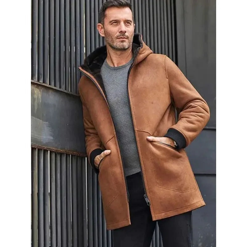 Men's Brown Sheepskin Shearling Fur Coat with Hooded